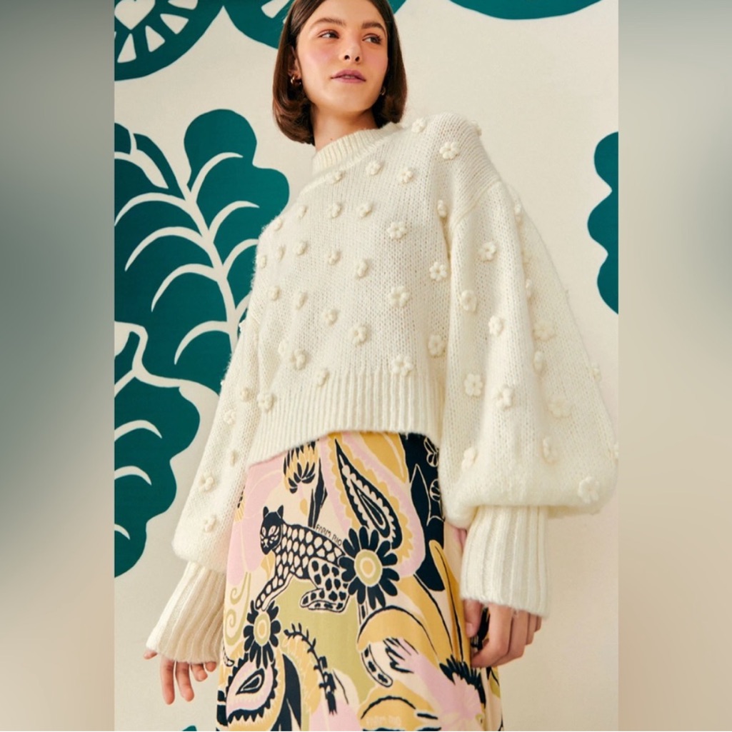 Farm Rio Cowl Neck Sweater With Flower Details In Off White, Size S